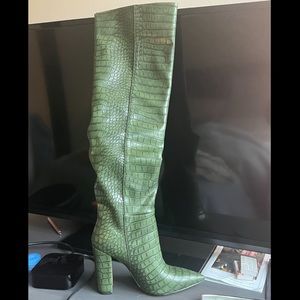 Dark Green Croc-Embossed Womens Chunky Heel Wide Calf Thigh High Boots - size 8